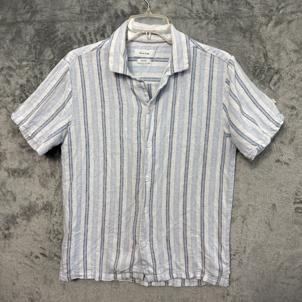 Porter & Ash  Mens Small Shirt White Blue Striped  Linen Blend Button Up Shirt